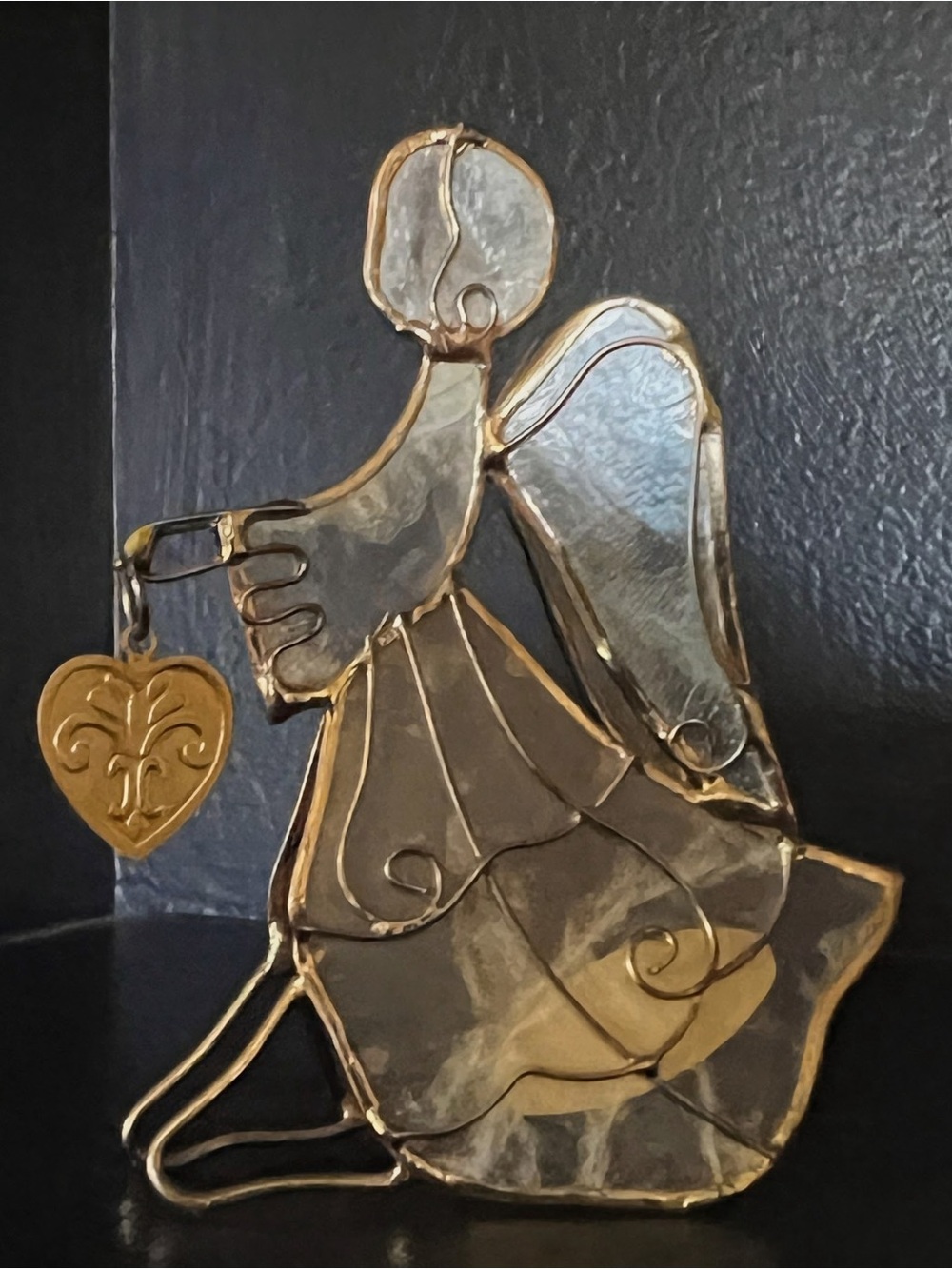 Vintage Capiz Shell Gold Toned Filigree Angel Figurine with Heart Charm